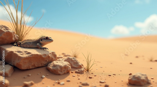 A serene desert scene with a small spiky izard