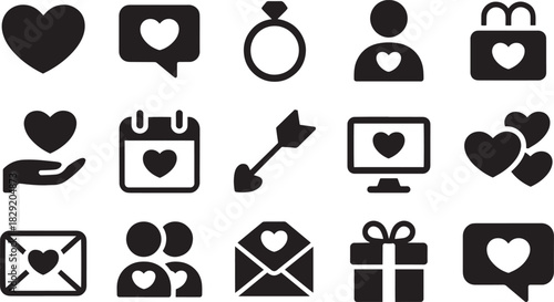 Romantic Icons with Heart Motifs for Love, Relationship, Gift, and Valentine’s Day Design Projects