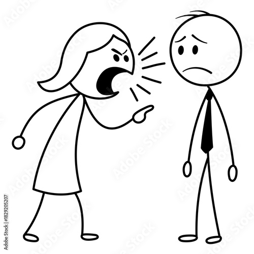 Conceptual vector illustration of a screaming woman yelling at a man. Cartoon stick figures depict relationship conflict and emotional drama between couple.