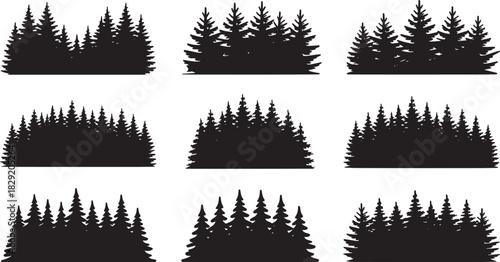 "Silhouettes of Coniferous Tree Clusters for Forest Design, Landscape Art, and Nature Illustration"