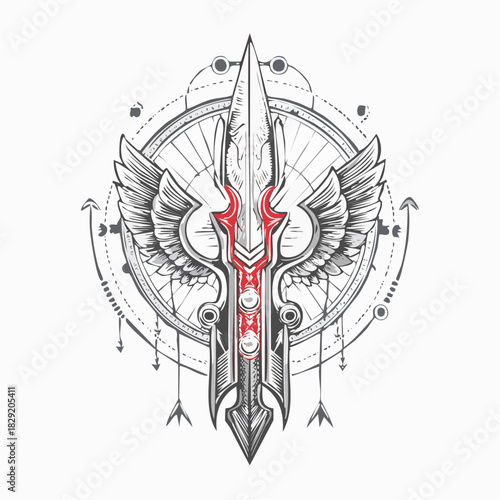 Esoteric vector illustration of a winged dagger, a futuristic cyber sigil totem with sacred geometry and arrows