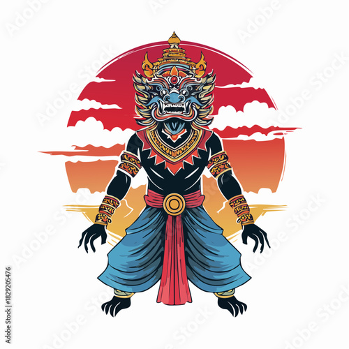 Vibrant vector illustration of a mythological warrior guardian, adorned with an ornate crown and traditional costume, highlighted by a radiant sunburst halo, an intricate cultural emblem