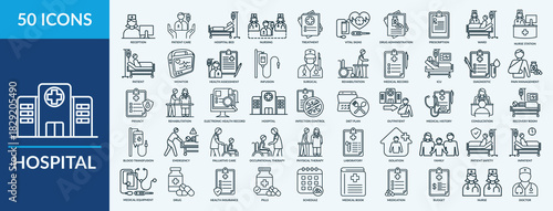 Hospital icon set. Containing reception, patient care, drug administration, doctor, nurse and more. Outline vector icons collection