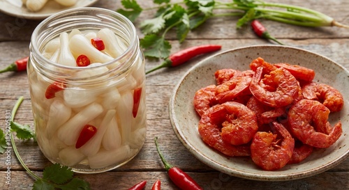Jar of pickled chinese onions cu kieu and plate of dried shrimp tom kho traditional vietnamese tet food