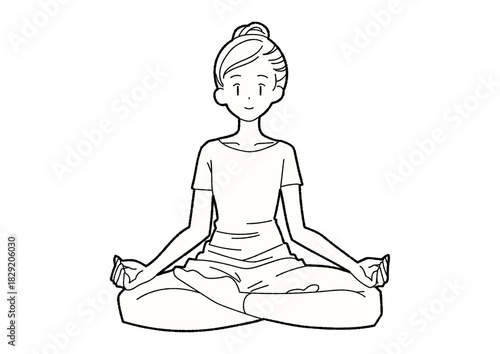 ヨガで瞑想する女性 線画