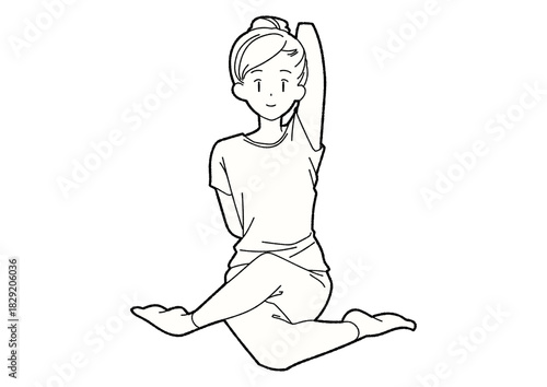 ヨガで腕を伸ばす女性 線画