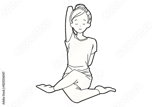 ヨガで腕を伸ばす女性 線画 目を閉じる