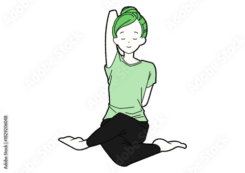 ヨガで腕を伸ばす女性 緑色 目を閉じる