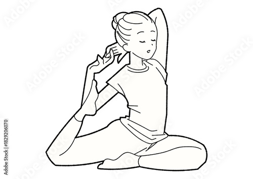 ヨガで後屈ポーズをとる女性 線画 目を閉じる