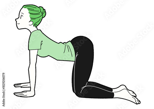 牛のポーズをする女性の線画イラスト 緑と黒の配色