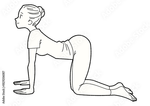 牛のポーズをする女性のモノクロ線画イラスト