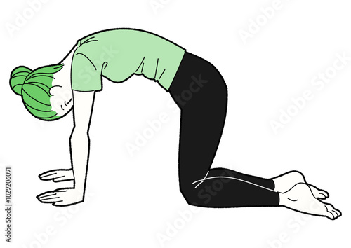 猫のポーズをする女性の線画イラスト 緑と黒の配色