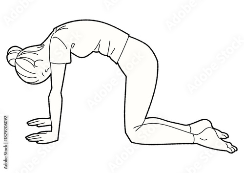 猫のポーズをする女性のモノクロ線画イラスト