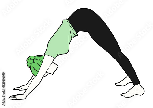 ダウンドッグをする女性の線画イラスト 緑と黒の配色