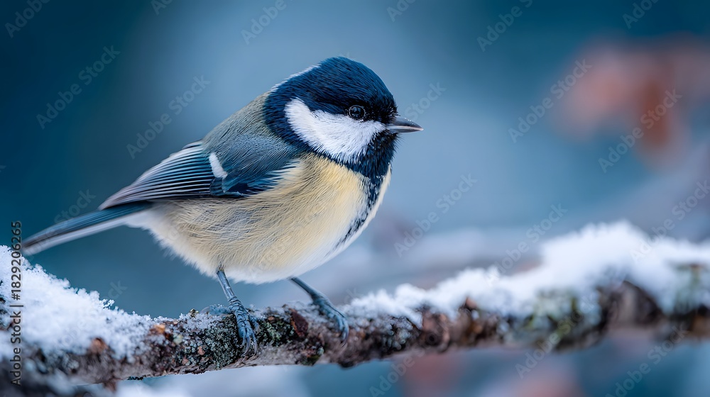 Obraz premium Great Tit bird perched on a snow-covered branch in a winter forest setting.
