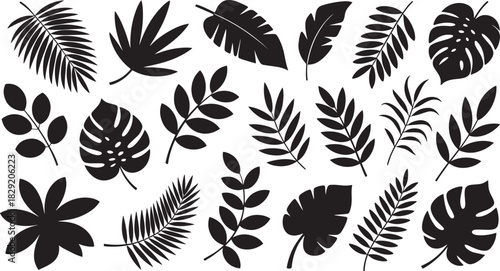 Black botanical leaf icons including monstera, palm, fern, banana, tropical foliage, and nature shapes