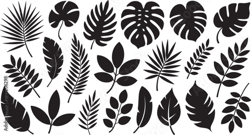 Black botanical leaf icons including monstera, palm, fern, banana, tropical foliage, and nature shapes