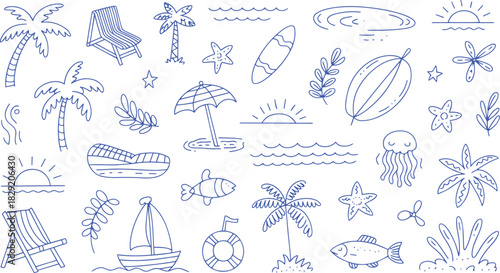 Summer beach doodle set vector – hand drawn tropical holiday elements such as sun, palm, sea, chair, drink, bikini, and boat for vacation design