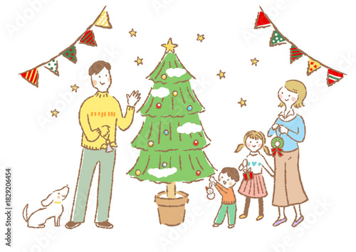 クリスマスの飾りつけをしている家族四人のイラスト