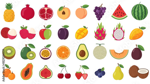 Colorful Cartoon Fruit Collection – Healthy Eating Vector Icons Set