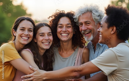 Group of multi generational people hugging each other outdoor - Multiracial friends smiling in front of camera - Community, social inclusion and friendship concept. High quality