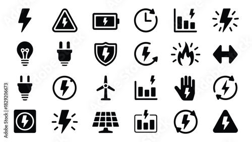 Collection of energy and power icons representing electricity sources and usage symbols