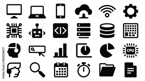 Collection of technology and business icons related to data analytics and computing design