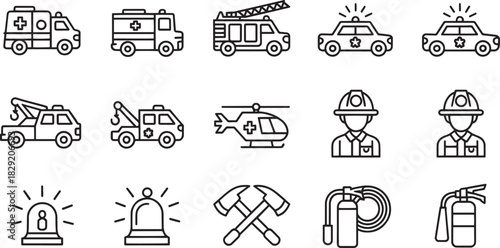 Emergency and rescue icon set vector – ambulance, police, firefighter, helicopter, siren, and fire extinguisher symbols for safety or service design