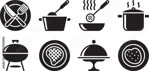 Cooking and kitchen icon set vector – cookware, pots, grill, and utensils black silhouette collection for restaurant, food, or culinary design