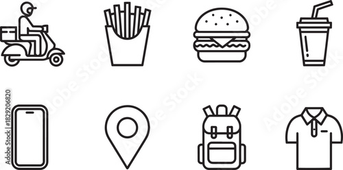 Black icons of food delivery, fast food, mobile location, backpack, shirt, and lifestyle essentials