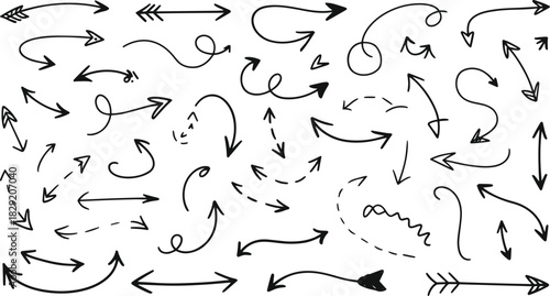 Hand drawn arrow doodles set vector – sketch arrows collection in swirl, curve, and straight styles for infographic, direction, or creative design