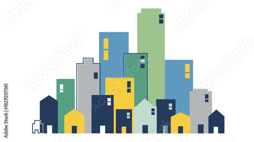 Diverse cityscape illustration with various buildings representing residential and commercial areas, symbolizing urban development and community growth