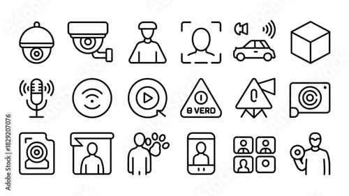 Surveillance security system icons set including cctv camera face recognition and more line art