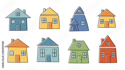 A diverse collection of colorful and simple cartoon houses, an illustrative set representing community, real estate, and neighborhood living