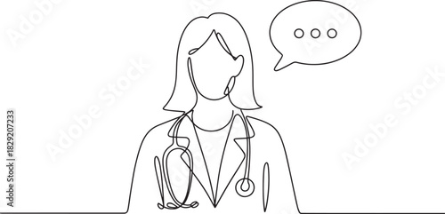 Female doctor continuous line art vector – minimal medical professional outline illustration with stethoscope for healthcare or hospital design