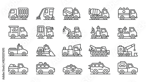 Collection of different types of transport vehicles construction and municipal services line art