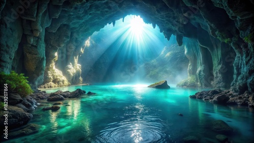 Fototapeta Naklejka Na Ścianę i Meble -  Majestic entrance to an underwater cave, lit by soft bluegreen bioluminescent glow