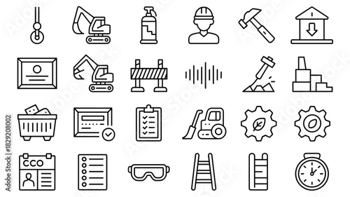 Construction equipment and safety gear icons set for building and industrial projects design needs