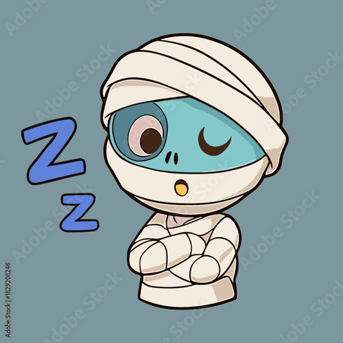 Cartoon mummy sleeps peacefully, swaddled in wrappings