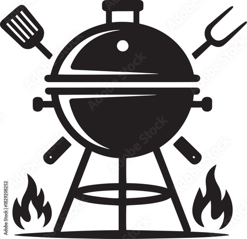 Barbecue grill icon vector – black silhouette with fire, fork, and spatula illustration for summer cooking, BBQ party, or outdoor picnic design