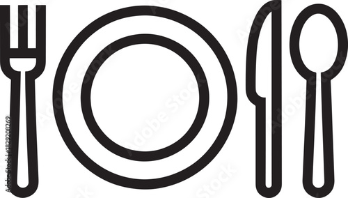Dining utensils icon vector – plate, knife, fork, spoon black silhouette symbols for restaurant, menu, food, or dinner concept design
