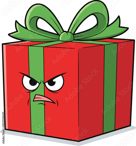 Grumpy Christmas Gift Box Vector Mascot, Angry Holiday Present Cartoon Character with Red and Green Ribbon