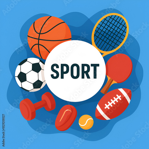 Collection of Sports Equipment with 'SPORT' Text Banner on Blue Background