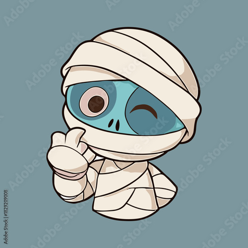 Winking cartoon mummy giving middle finger gesture.