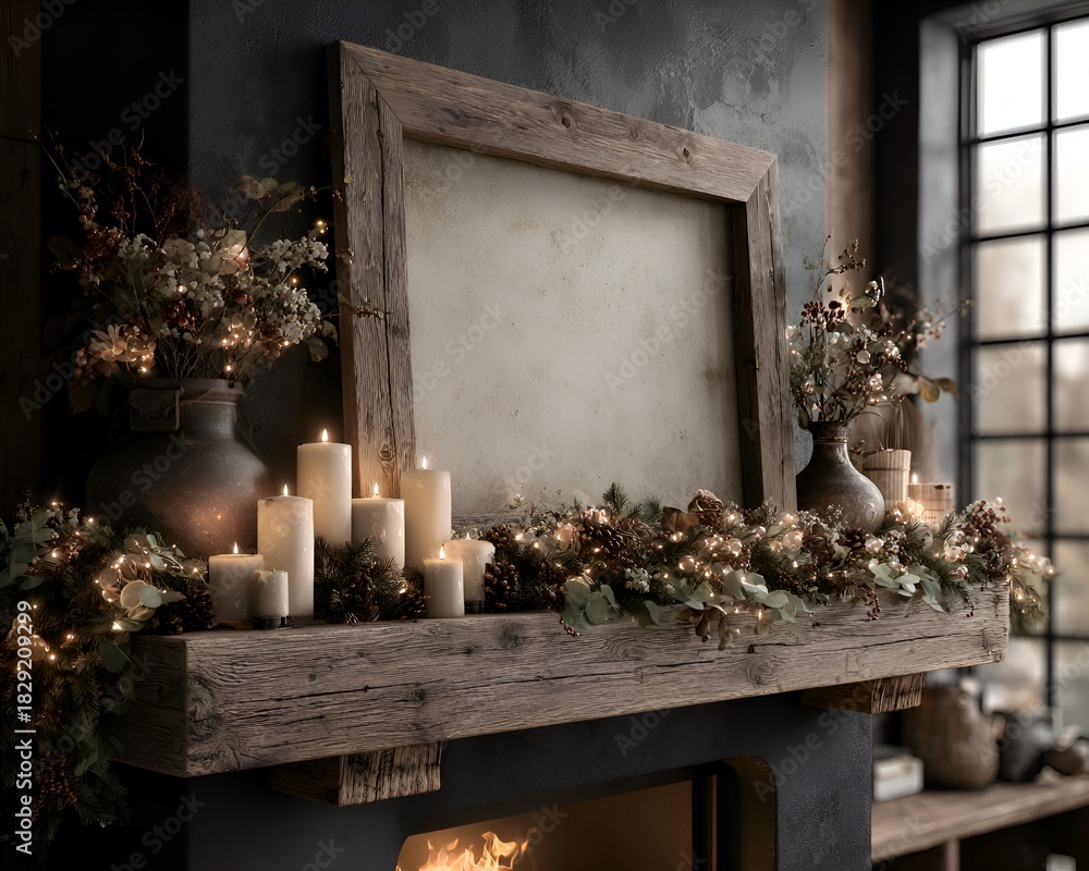 Obraz premium A rustic fireplace mantel displays candles, greenery, and an empty picture frame in a cozy, warm, inviting, and comfortable interior scene.