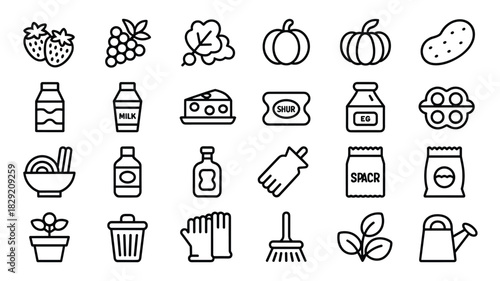 Outline drawing of farm harvest produce and gardening tools for agriculture and farming needs