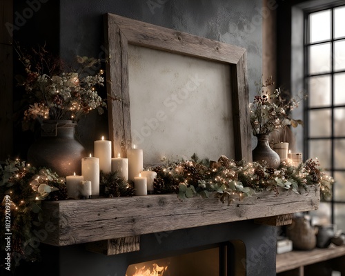 A rustic fireplace mantel displays candles, greenery, and an empty picture frame in a cozy, warm, inviting, and comfortable interior scene.