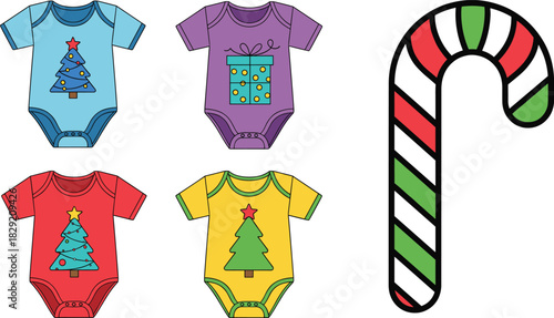 Holiday Infant Bodysuit Vector Collection and Candy Cane Graphic, Festive Baby Clothing Mockup Set