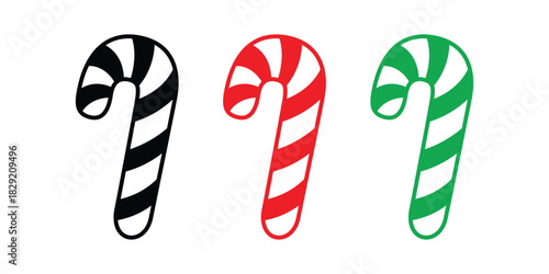 Candy Cane Icons Set. Black, Red, and Green Christmas Designs. Christmas Candy Cane Vector Pack