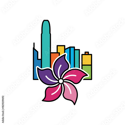 City skyline with plumeria flower a vibrant urban botanical blend perfect for travel blogs showcasing cityscape beauty and exotic floral elegance.